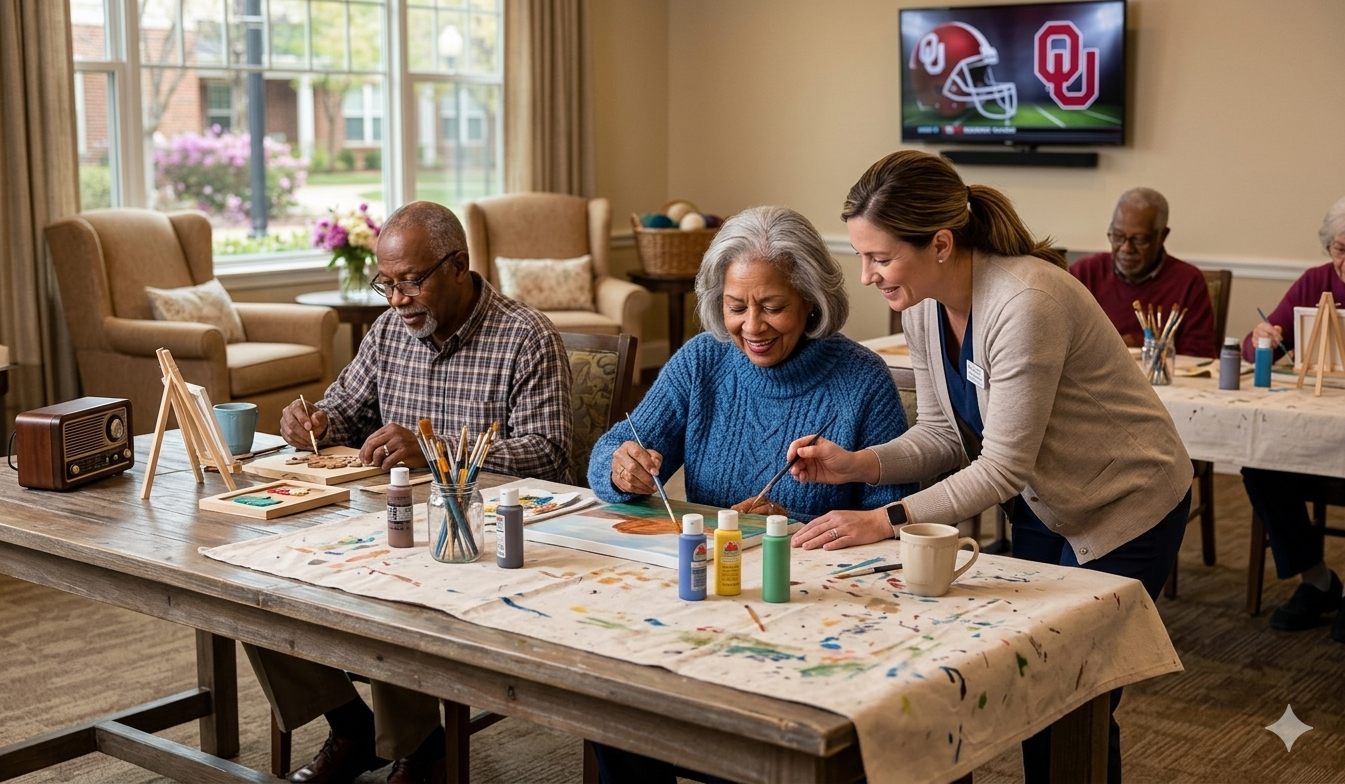 Residents painting at a craft table during an afternoon activity, with the OU game on in the background