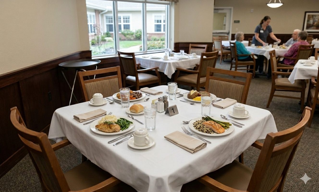 The Colonial Manor dining room set for a midday meal with white linens and plated entrees