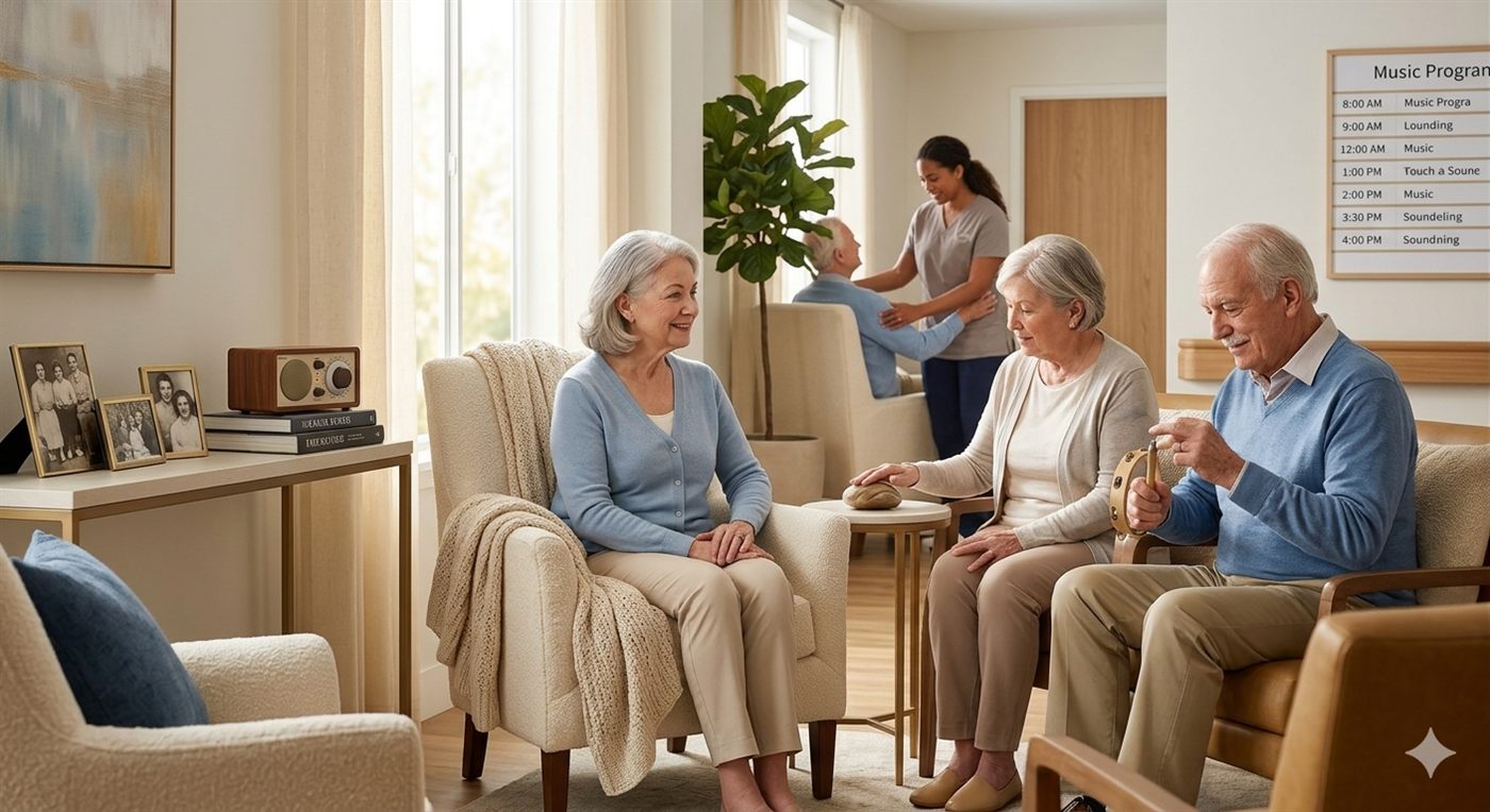 Residents enjoy a small group music and memory activity in a sunlit gathering space