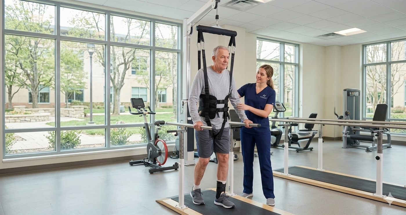 A physical therapist supports a resident on the parallel bars in the rehab gym