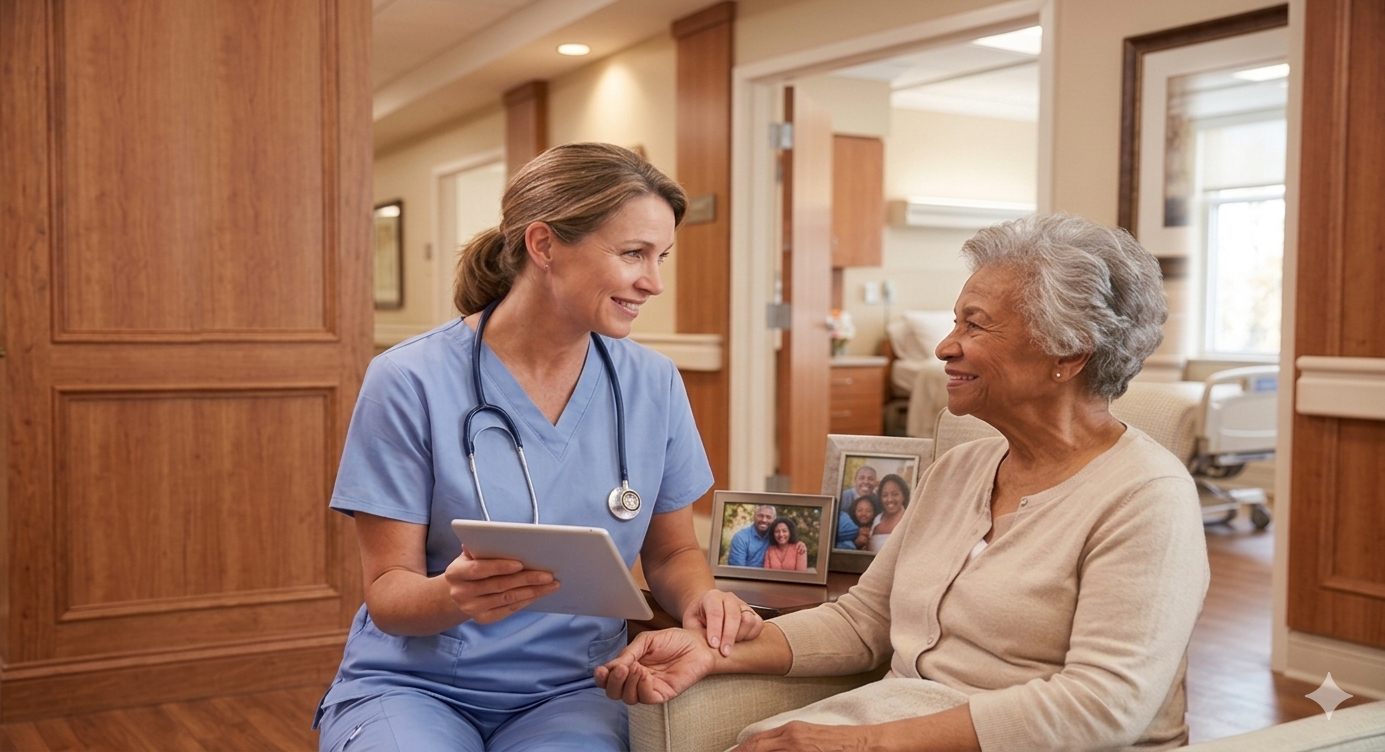A Colonial Manor nurse in conversation with a resident — care planning at the resident's pace